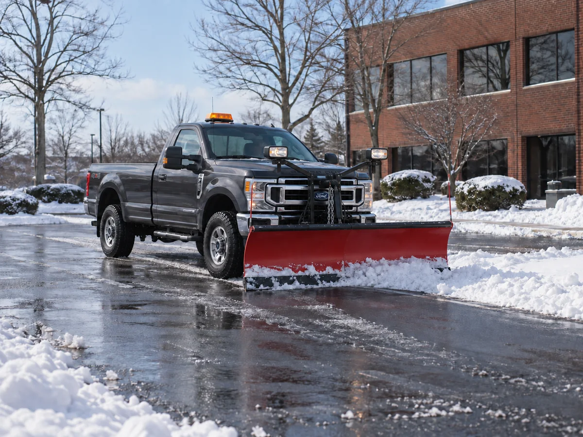 Illustrative Ford F-250 Super Duty snow-removal truck clearing a New England office parking lot
