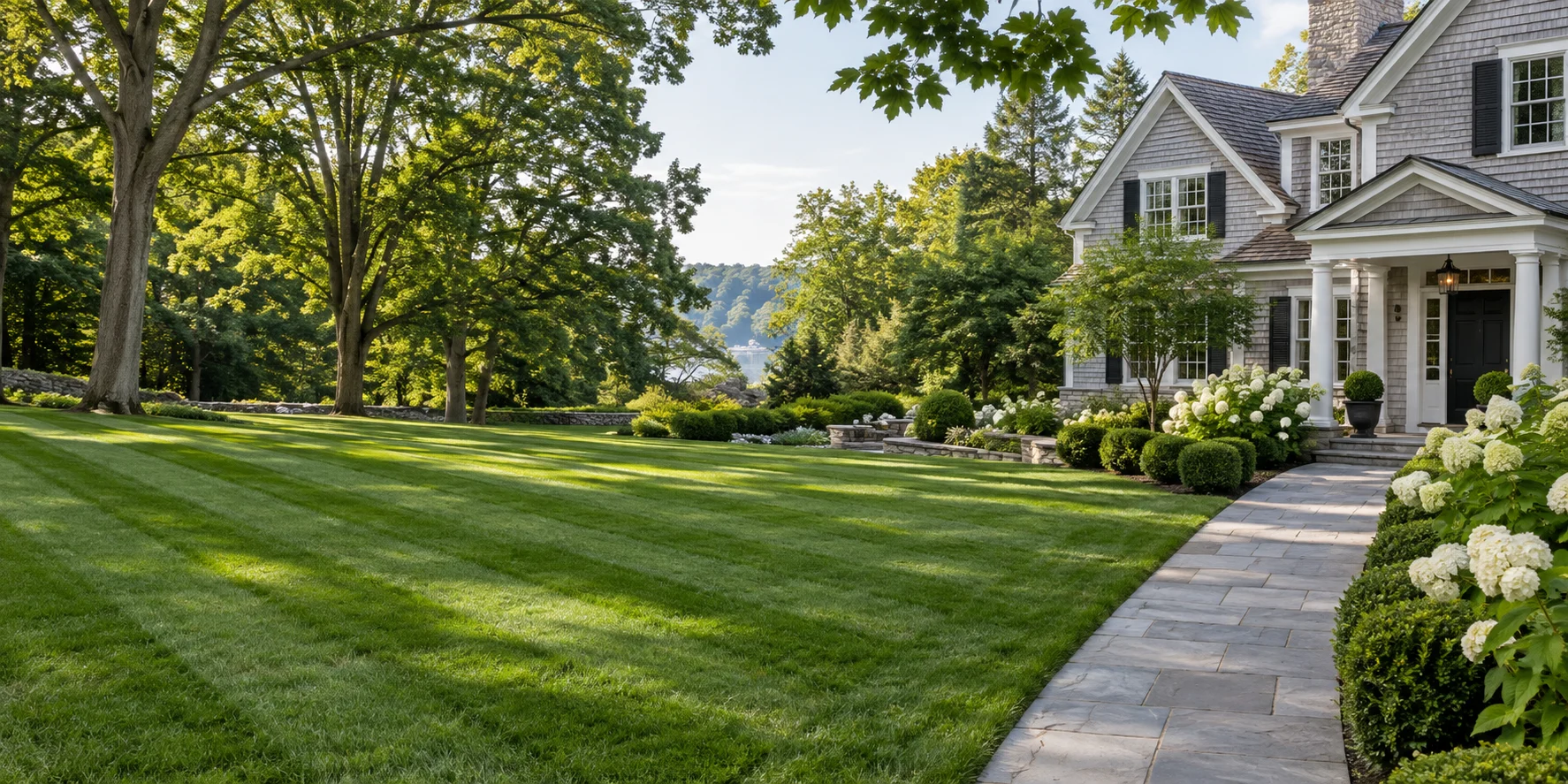 Manicured lawn, hydrangeas and a stone walkway beside a New England home